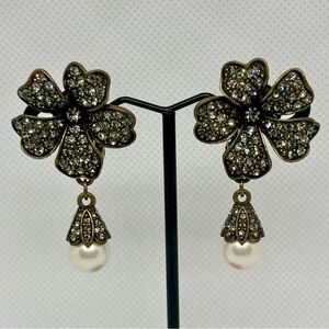 Vintage Rhinestone Pearl Drop Clover Clip-On Earrings, Lucky Charm Jewelry
